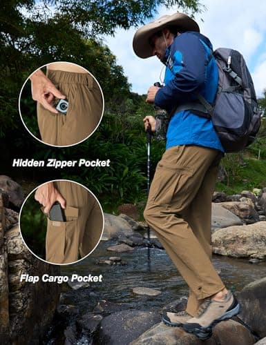 MOURCE Mens Hiking Pants Lightweight Quick Dry - Waterproof Elastic Waist Cargo Pants for Men with Pockets, Dark Khaki - Thumbnail 4