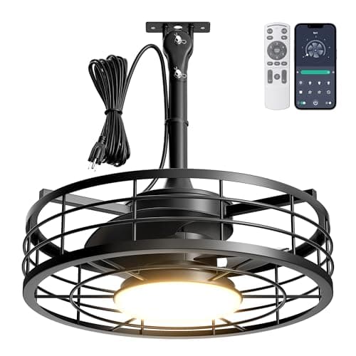 Phylluz Outdoor Ceiling Fan with Lights - 16'' Wet Rated Gazebo Fan Remote/APP Control, Caged Hanging Fan Plug and Play for Covered Patio Porch, Black - Image 1