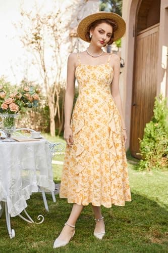 Belle Poque Women's Floral Chiffon Summer Dress Ruffle Trim Fairy Sun Boho Cottagecore Dresses Yellow Floral XL - Thumbnail 2