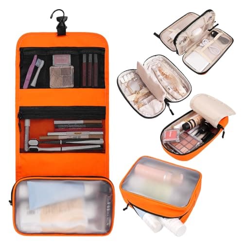 Idcymoul Travel Toiletry Bag 5-Piece Kit, Hanging Toiletries Bag+TSA Approved Cosmetic Bag+Jewelry Bag+ Brush Bag+Cable Bag, Professional Travel Essentials Accessories Organizer for Women - Orange - Image 1