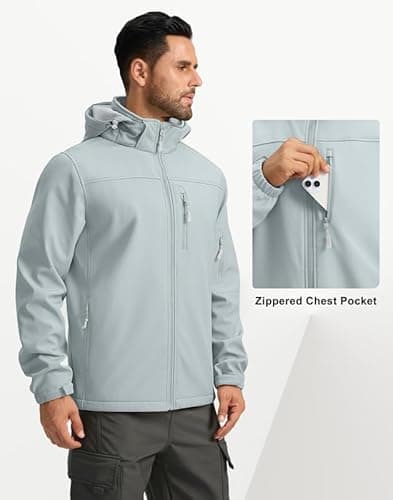 Pudolla Men's Softshell Jacket Fleece Lined Water Resistant Hooded Winter Coats for Men Outdoor Work Hiking with Pockets(Light Grey 3X-Large) - Thumbnail 4