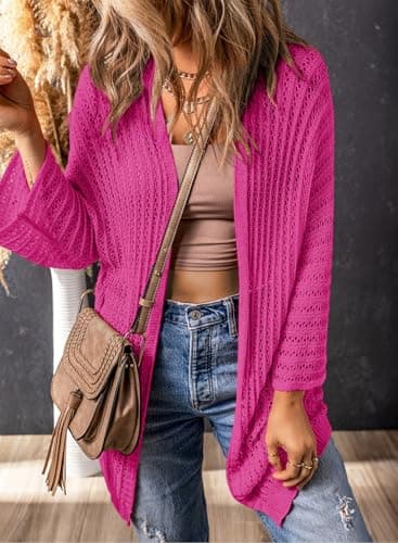 Dokotoo Vacation Outfits Resort Wear for Women 2026 Spring Summer Fashion Cardigan Sweaters Lightweight Cardigan Dressy Casual Crochet Beach Clothes Clothing Bathing Suit Cover Up Rose Red - Thumbnail 3