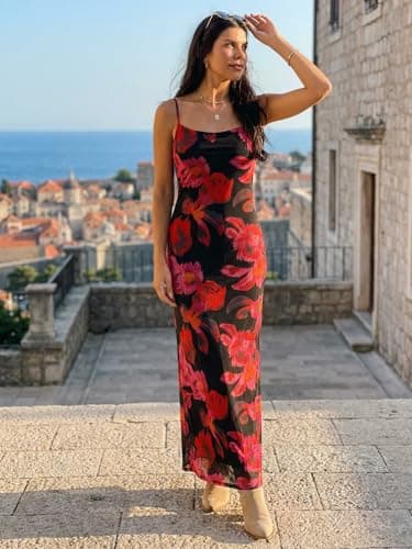 ZAFUL Womens Summer Floral Maxi Dress Spaghetti Strap Mesh Stretch A Line Dresses 2026 Tropical Elegant Vacation Wedding Guest Slip Long Dresses Spring Clothing Purple Medium - Thumbnail 4