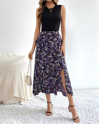 BTFBM Summer Dresses for Women 2026 Casual Spring Floral Sleeveless Ruffle Boho Cocktail Wedding Guest Party Midi Dress(Floral Purple, XX-Large) - Thumbnail 3