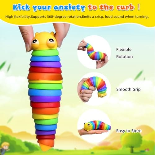TIANTAIYUE Fidget Slug Toys, Sensory Slug Fidget Toy for Kids and Adults, 2Pcs Rainbow Worm Stress Relief Toy, Child-Friendly, Anti-Anxiety Autism Sensory Toy, Essential Travel Toys for Toddlers - Thumbnail 6