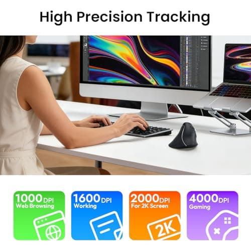 Wireless Ergonomic Vertical Mouse, Rechargeable Tri-Mode (Dual Bluetooth + 2.4G USB) Optical Mouse with Adjustable RGB Lighting, Multi-Device Control for Laptop, PC, Mac, iPad, Desktop (Dark Black) - Thumbnail 4