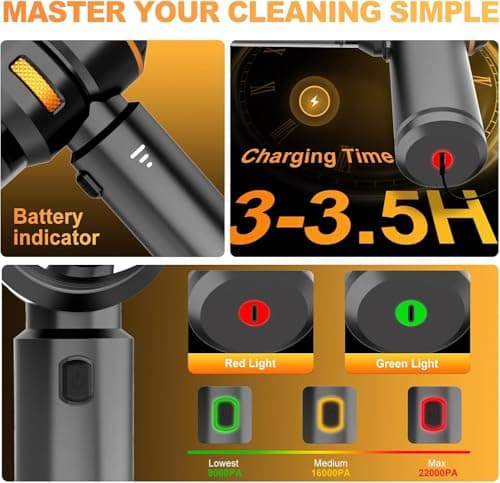 KedeeSparkle Handheld Car Vacuum Cordless, 22000PA Strong Suction Mini Vacuum Cleaner with Brushless Motor, 4-in-1 Portable Vacuum for Car Detailing, Home, Office & Travel, Black Golden - Thumbnail 3