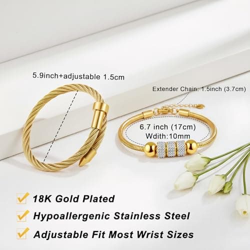 LCTrusttmor Gahna 18K Gold Plated Bangle Bracelet for Women, Non-Tarnish Stackable Nail Bracelets Set, Dainty Adjustable Cubic Zirconia Snake Chain With Beaded, Trendy Jewelry Mother's Day Birthday Gifts for Lover Mom Her - Thumbnail 5