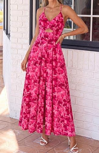 BTFBM Summer Dresses for Women 2026 Spring Floral Spaghetti Strap Smocked Cutout Maxi Dress Resort Beach Vacation Outfit(Floral Rose Red, XX-Large) - Thumbnail 4