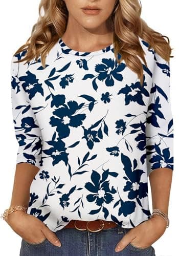 NORACORA Women's 3/4 Length Sleeve Crew Neck T-Shirt - Printed Casual Basic Tops White Blue - Image 1