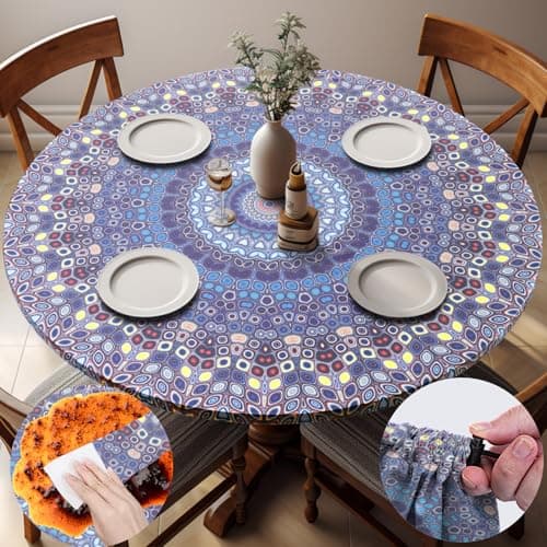 opstellen Fitted Vinyl Round Tablecloth for 36-44" Table Boho Waterproof Reusable Summer Fall Tableclothes Campers Inside Outdoors Supplies Dining Room Kitchen Needs White Elephant Gifts - Image 1