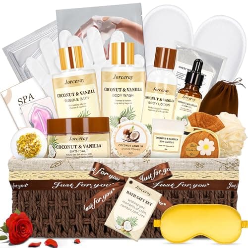 Jorceray 22PCS Valentines Day Spa Gift Baskets for Women, Luxury Bath and Body Gift Basket Set for Women Coconut Vanilla Spa Kit Relaxing Spa Self Care Gift for Her Wife Lover Mom Sister Friend - Image 1