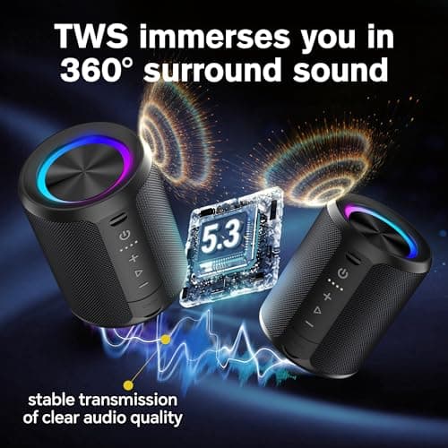 DUDGSIS Portable Bluetooth Speaker, IPX7 Waterproof Wireless Speaker with 20W Loud Stereo Sound, 15H Playtime & Beat-Synced RGB Light, Small Outdoor Speaker for Shower, Pool, Beach, Hiking and Gifts - Thumbnail 3