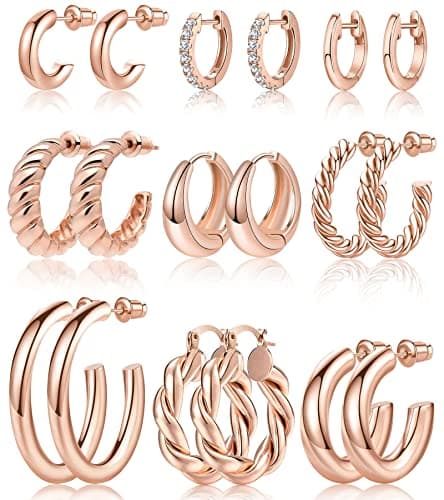 Adoyi Rose Gold Hoop Earrings Set for Women Girls Trendy 14K Plated Gold Hoops Small Chunky Earrings Twisted Huggie Ear rings Pack Lightweight 9 Pairs Jewelry Set for Mother's Day Birthday Gifts - Image 1