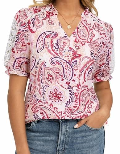 GRACE KARIN Women Boho Floral Tops, Summer Short Sleeve Shirts, V Neck Dressy Casual Blouse Work Printed 2026 Spring Trendy Beige Red X-Large - Image 1