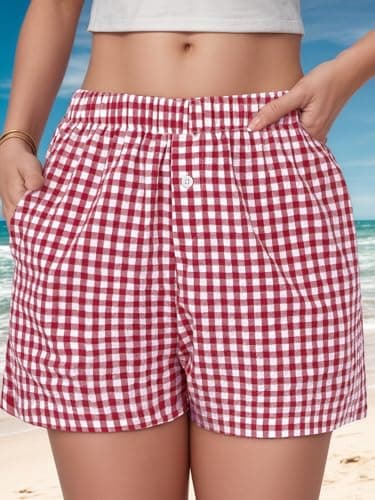 EXLURA Cotton Shorts for Women Summer Casual Lounge Beach Bottoms Pajama Plaid Boxer Shorts - Thumbnail 6