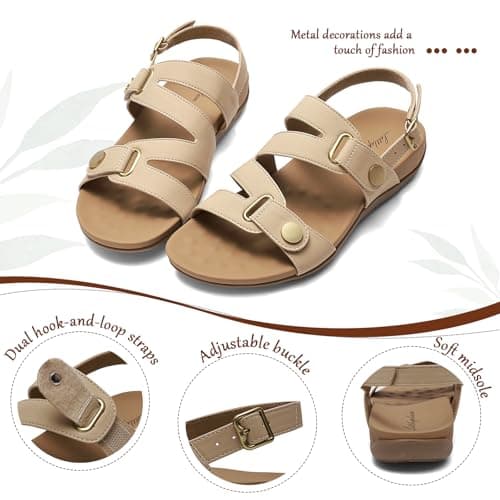 Littleplum Orthopedic Sandals for Women Arch Support Comfortable Flat Adjuatable Sandals for Walking Summer Beach, Apricot Size 8.5 - Thumbnail 5