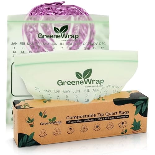 GreeneWrap Compostable Quart Size Zip Bags 25 Count Extra Thick 2 mil Resealable, Leak-Proof, Freezer Safe Disposable Food Storage Bags, BPI and OK Compost Home Certified, ASTM D6400 - Image 1