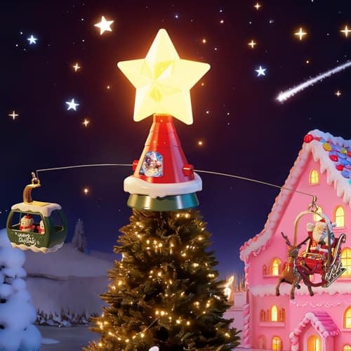 Christmas Tree Topper, Star Motion Rotating Santa's Reindeer Sleigh + Snowmen in Green Cable Car with Merry Xmas Slogans, Illuminated LED Star Christmas Party with Music for Christmas Tree Decor - Image 1