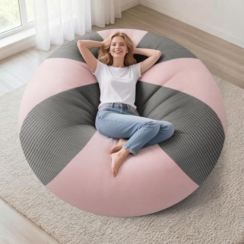 Homguava 4FT Bean Bag Chairs for AdultsTeardrop BeanBag Chair Comfy Memory Foam Bean Bags Two-Tone Distressed Velvet&Corduroy, Washable Cover for Living Room, Home (Corduroy, Light Grey/Pink) - Image 1