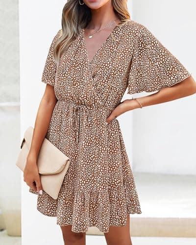 KIRUNDO Womens Summer Dresses 2026 Casual Spring Short Sleeve V Neck Ruffle Floral Print High Waist Belted Flowy Mini Dress(Coffee, X-Large) - Thumbnail 6