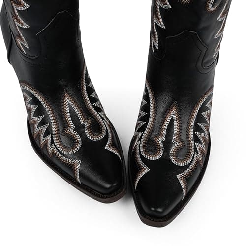 Easyfox Cowgirl Boots Women Embroidery Black Cowboy Knee High Boots Chunky Heel Square Toe Western Boots for Women Size 7.5 - Thumbnail 5