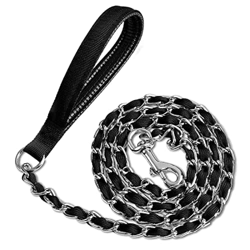 LUFFWELL Heavy Duty Metal Dog Chain Leash with Comfortable PU Leather Padded Handle, Chew Proof for Medium Large Pooch Walking Training (6FT 3.5mm Black)