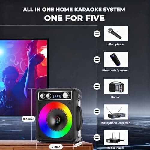 VOSOCO Karaoke Machine with 2 Wireless Microphones, Portable Bluetooth Speaker for Adults Kids, PA Systems Support TWS Echo Adjust TF USB AUX for Home Party Outdoor Travel - Thumbnail 3
