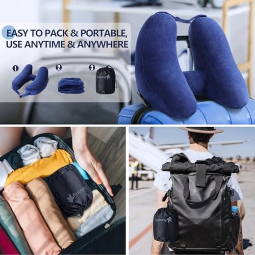 Sunany Neck Pillow for Travel Inflatable Airplane Pillow Comfortably Supports Head, Neck and Chin, Inflatable Travel Pillow with Soft Velour Cover and Portable Drawstring Bag (Blue) - Thumbnail 5