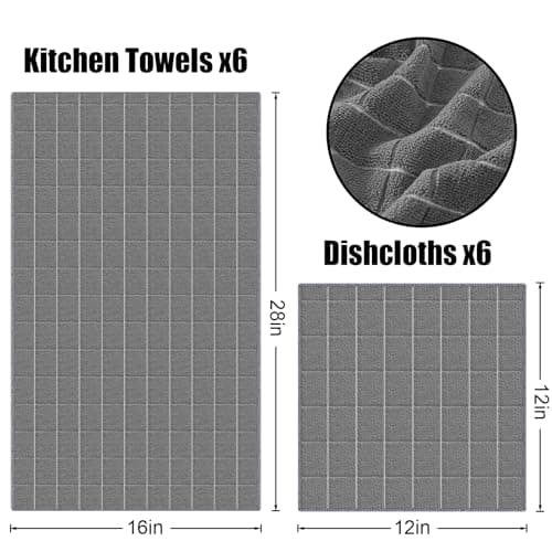 Homaxy Microfiber Kitchen Towels and Dishcloths Set, 12 Pack Soft and Absorbent Dish Hand Towels Bulk, 28 x 16 Inch & 12 x 12 Inch Quick Drying Rags for Washing Dishes, Grey - Thumbnail 6