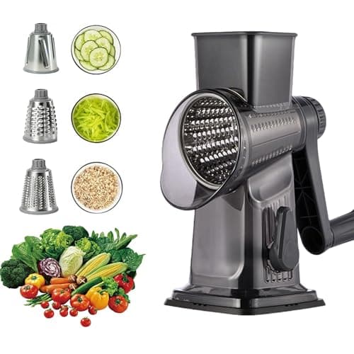 Spylandy Rotary Cheese Grater, 3-in-1 Manual Vegetable Slicer with Handle, Safer Kitchen Mandoline Shredder with Suction Base for Cheese, Nuts, Potatoes & Salads – Easy to Clean (Black) - Image 1