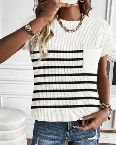 KIRUNDO Spring Summer Short Sleeve Sweater for Women 2026 Casual Sweater Vest Cotton Knit Pullover Tank Tops Fashion Clothing (Striped White, Small) - Thumbnail 3