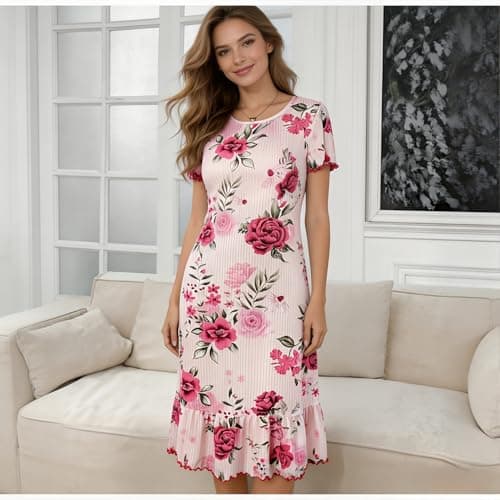 Eternatastic Women's Floral Print Short Sleeve Nightgown Crew Neck House Dresses Loungewear Ribbed Sleep Dress Nightshirt M Pink - Thumbnail 5
