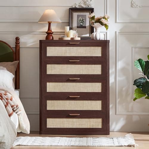 LEYAOYAO Rattan Dresser for Bedroom 41" Tall Chest of Drawers, Modern 5 Drawers Boho Dressers with Storage, Light Oak Dresser Wooden Closet Organizer for Living Room, Hallway, Retro Walnut - Thumbnail 3