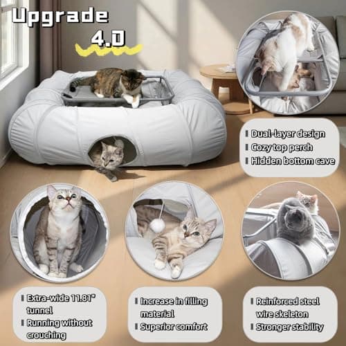 XxingSheep 2-Tier Cat Tunnel & Hammock Bed XXL, 4 Cave Shuttle with Elevated for Multiple Cats Toy Light Grey - Thumbnail 3
