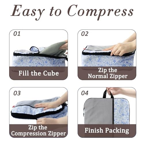 U+U 4 Set Compression Packing Cubes - Ultralight Travel Organizers, Space-Saving Suitcase Organizer, Expandable Packing Cubes for Travel, Business Trip and Family Vacation (Blue Flower) - Thumbnail 4