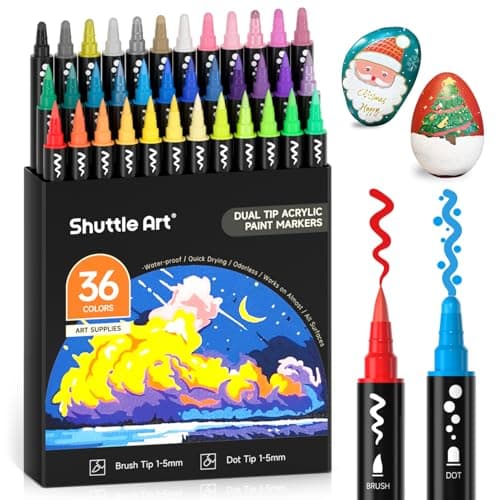 Shuttle Art 36 Colors Dual Tip Acrylic Paint Markers, Brush Tip and Dot Tip Acrylic Paint Pens for Rock Painting, Ceramic, Wood, Canvas, Plastic, Glass, Stone, Calligraphy, Card Making, DIY Crafts - Image 1