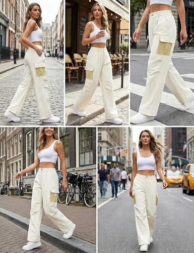 LOOKBOHO 𝐂𝐚𝐫𝐠𝐨 𝐏𝐚𝐧𝐭𝐬 𝐖𝐨𝐦𝐞𝐧 Summer 2026 Color Block Pockets Lightweight Travel Drawstring Joggers Straight Leg Casual Hiking Trousers Light Apricot X-Large - Thumbnail 6