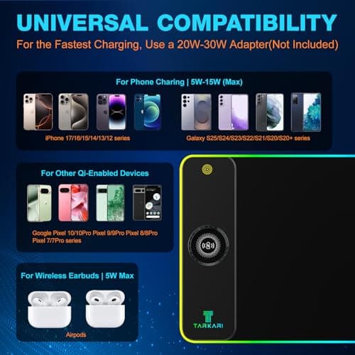 TARKARI Magnetic Wireless Charging RGB Mouse Pad, Large Gaming Desk Mat Waterproof, 31.5"x15.8" Black Mousepad, Ultra-Smooth Surface, Non-Slip Rubber Base, Desk Pad for Keyboard Laptop - Thumbnail 3