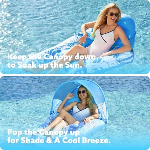 SLOOSH Inflatable Pool Floats Lounger with Canopy for Adult - Pool Lounge Float with Cup Holder & Backrest, Footrest for Pool Party, Swimming, Lake, Beach, Travel - Thumbnail 4
