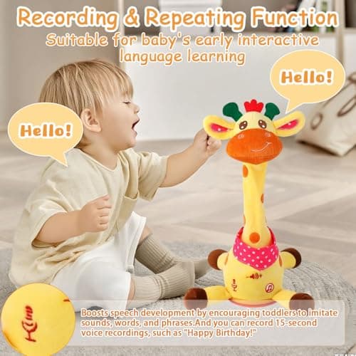 MILEGI Dancing Talking Musical Giraffe Toy, Tummy Time Toy with Volume Adjustment, Singing Giraffe Stuffed Animal 10 Children's Songs Light Up Toys, Repeating What You Say, Baby Toy - Thumbnail 4