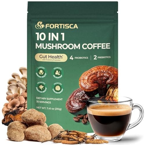 10 Kinds Mushroom Coffee with Probiotic(Lion's Mane, Cordyceps, Turkey Tail & Other), Ashwagandha Instant Coffee Mushroom Supplement for Better Energy, Gut Health 210g 7.41oz