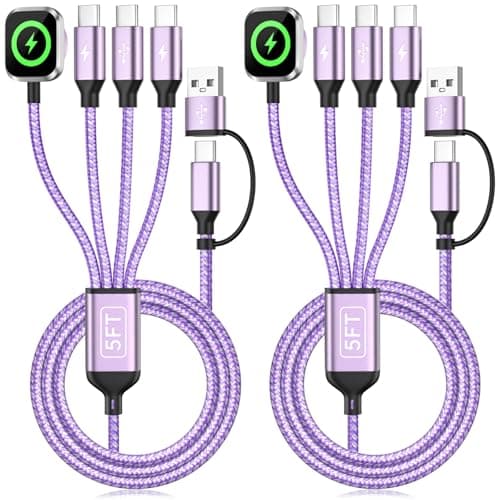 4in2 Multi Charging Cable for iWatch Charger/iPhone Charger/CarPlay Cable, Beach Travel Vacation Essentials, (2Pack 5FT) 3 X USB C/iWatch Charger Cords for iWatch 11-1/iPhone 17-15, Android Car - Image 1