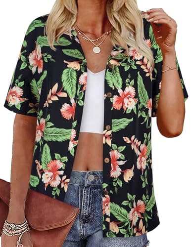 LILYCHIC Womens Tropical Floral Hawaiian Shirts Button Down Short Sleeve Summer Tops Vacation Beach Hawaii Outfits - Image 1