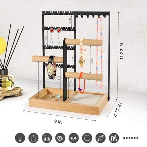 Godboat Jewelry Holder Organizer, 4-Tier Earring Holder with 48 Holes, 6 Hooks Necklace Holder, Removable Bracelet Holder, Gifts for Women, Mom, Mothers Day, Cool Preppy Stuff and Room Decor, Black - Thumbnail 6