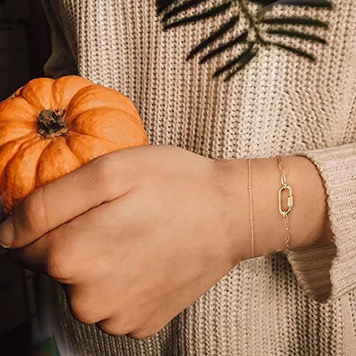 Dainty Gold Layered Bracelets for Women, 14K Gold Plated Layering Paperclip Link Chain Bracelets Personalized Oval Screw Clasp Charm Bracelets Layered Gold Bracelets for Women Jewelry（Bead Chain&Oval） - Thumbnail 2