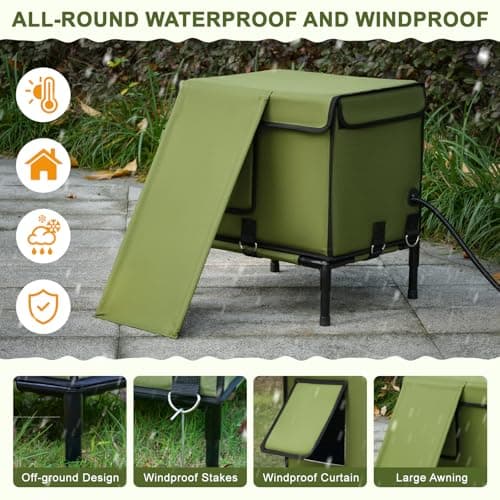 Palopalo Dewproof Heated Cat House for Outdoor Winter, Insulated Discreet Pet Shelter with Waterproof Heating Pad & Escape Door for Feral, Stray, Barn Kitty Cats (Army Green, 16.5"x12.5"x17.7") - Thumbnail 2