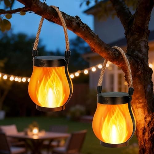 Solar Lantern Lights Outdoor, 2Pack Flickering Flame Light Hanging Solar Powered Lantern Lights Waterproof with Dual Charging (USB/Solar) & 2 Modes for Yard Patio Path Tree Garden Camping Decoration - Image 1