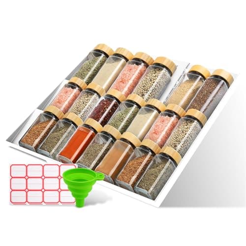 Diolove 2-Pack Expandable Spice Drawer Organizer (11"-22"), 3-Tier Angled Seasoning Rack for Kitchen, Sturdy Vented Insert with Labels & Funnel, Fits Standard & Biger Spice Jars (Jars Not Included) WH - Image 1
