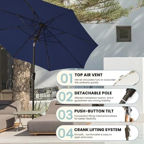GREFORG 9FT Large Outdoor Patio Umbrella Pool Market Umbrella-UV Resistant, Easy Push Button Tilt and Crank, 8 Sturdy Ribs Heavy-Duty Table Umbrella for Deck, Backyard, Garden (Royal Blue) - Thumbnail 6
